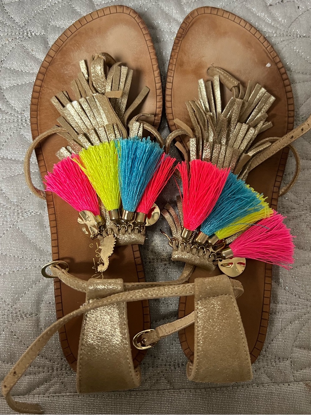 LILLY PULITZER Zoe Sandals Metallic Leather Fringed Ankle Strap